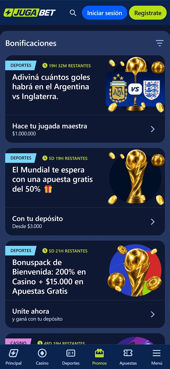 Reclamá promociones revisando la información de bonos en la app de JugaBet.