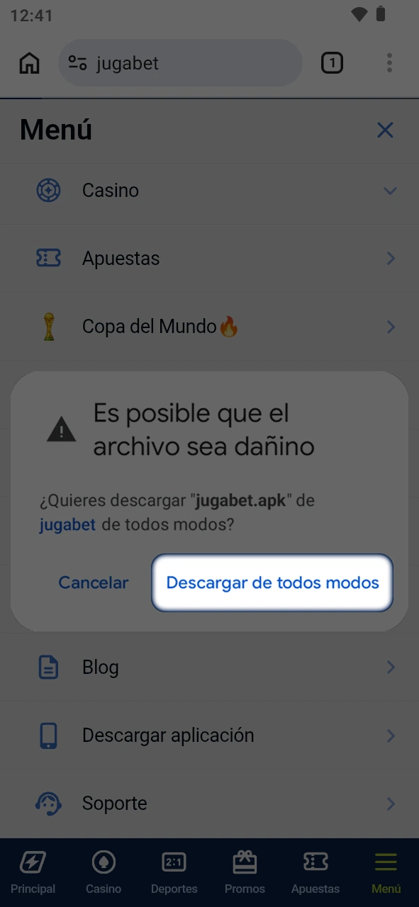 Aceptá el aviso en tu Android para instalar la app de JugaBet.