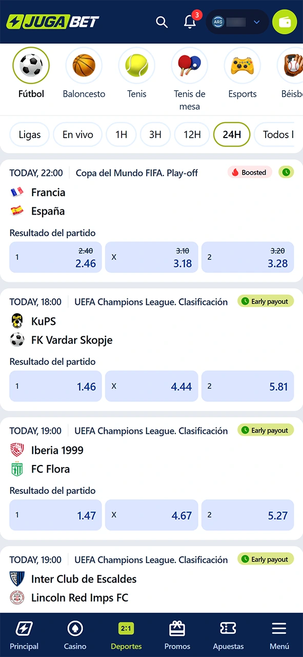 Buscá tu deporte favorito y hacé apuestas en la app de JugaBet.