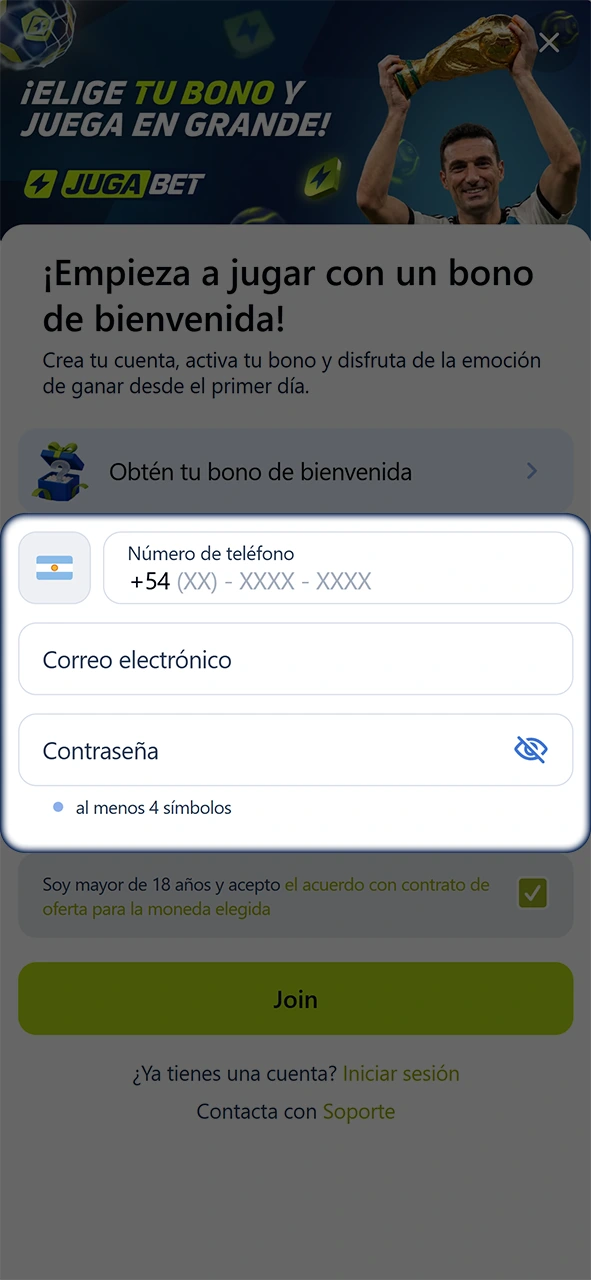 Llená el formulario de registro para entrar a la app de JugaBet.