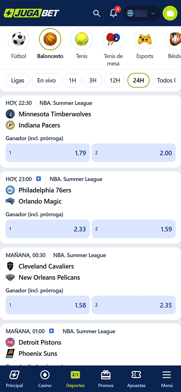 Explora el menú deportivo para apostar al básquetbol usando JugaBet.