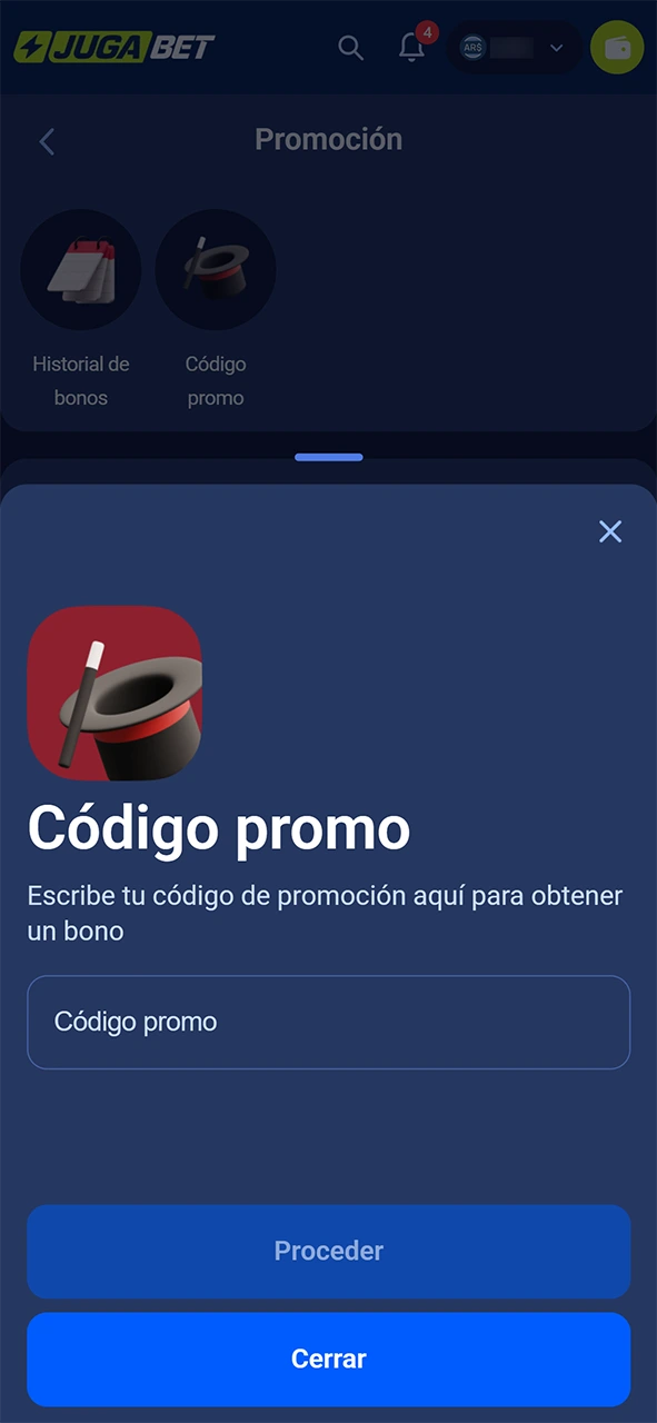 Ingresa un código promocional y logra activar el bono de JugaBet.