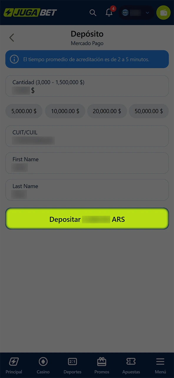 Aprueba la transferencia y finaliza el depósito rápido en JugaBet.