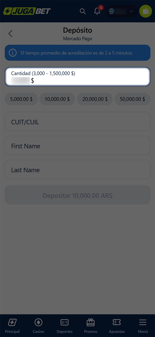 Escribe la cantidad deseada para completar tu depósito en JugaBet.