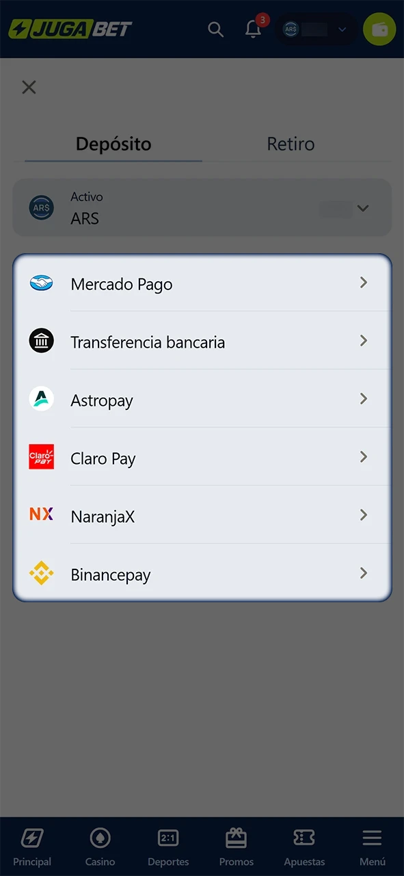 Elige tu sistema de pago favorito para el depósito en JugaBet.