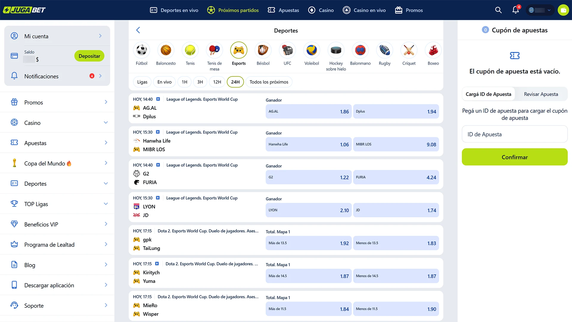 Explora nuestro catálogo y prepárate para apostar en esports en JugaBet.