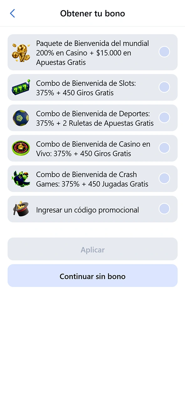 Elige tu promoción favorita durante el registro para obtener el bono JugaBet.