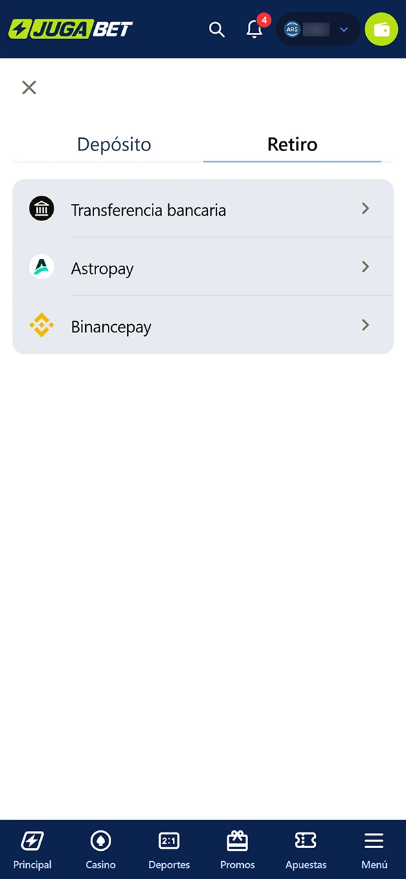 Escoge tu método preferido y añade los datos del retiro en JugaBet.