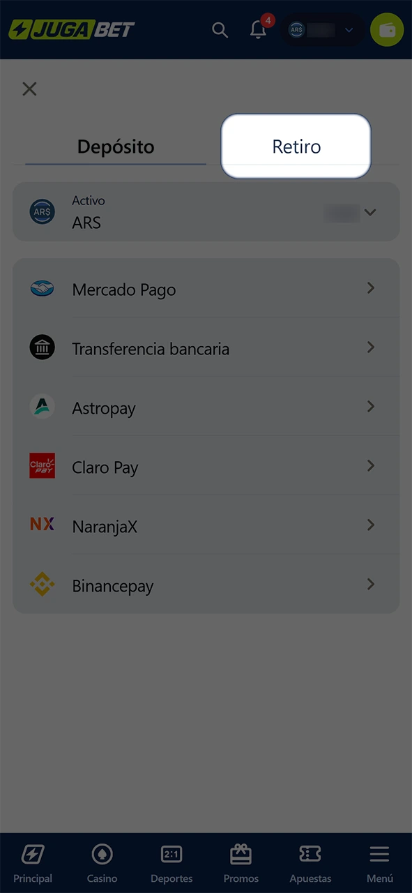 Selecciona la opción correspondiente para procesar tu retiro en JugaBet.