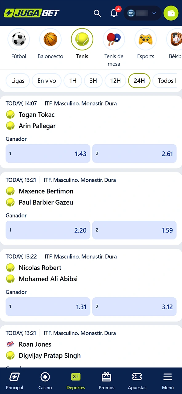 Explora la categoría deportiva para apostar al tenis dentro de JugaBet.